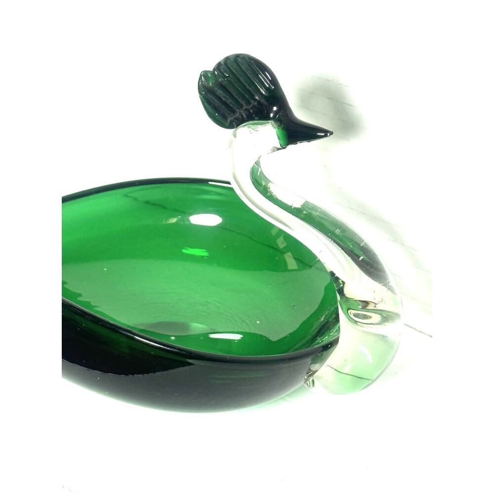 Vintage Norcrest Handblown Art Glass Emerald Green Swan Ashtray Trinket Dish - Picture 5 of 6